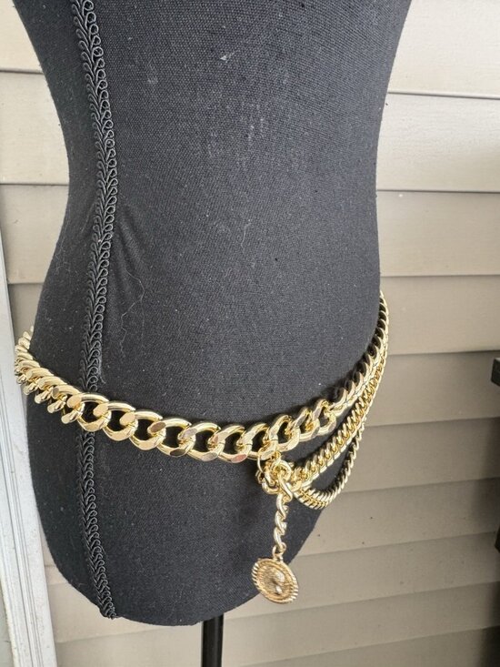 Belt Long Rope Link Chain Shiny Goldtone Adjustable 3 Layer Women\'s Y2K 33\
